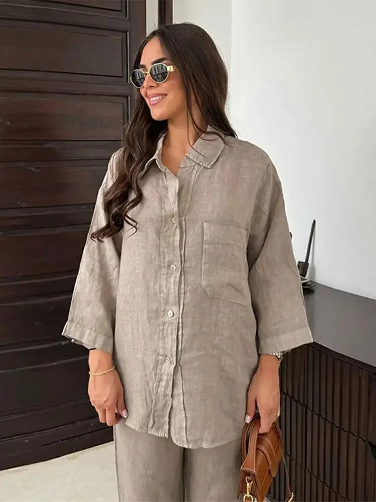 Fashion Cotton Linen Grey Wide Leg Pant Set Women Long Sleeve Single Breasted Shirts Suit 2025 Casual Loose High Streetwear 250304