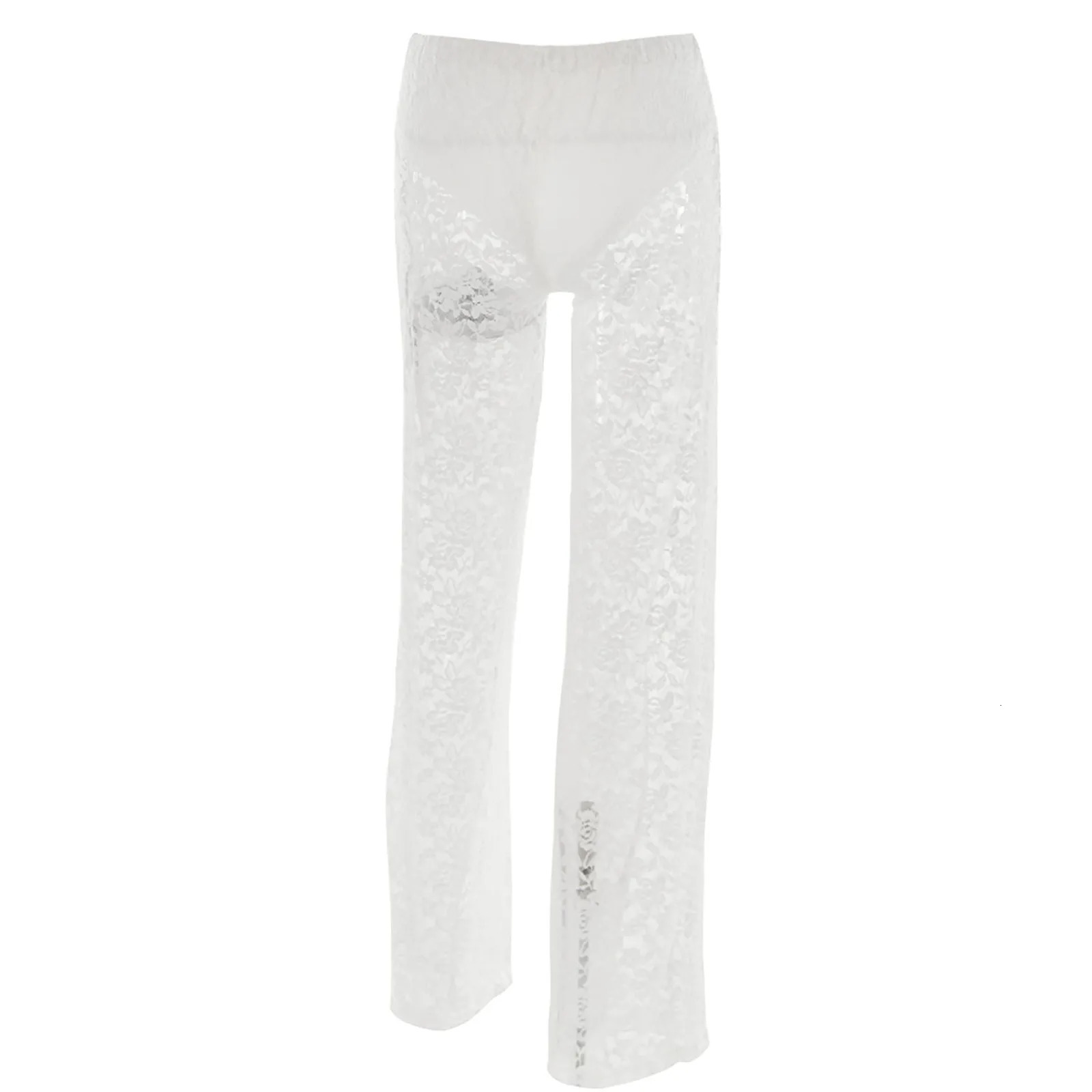 Women Pants Lace Sexy Sheer Thin Mesh Transparent Straight Pants Fashion Jacquard Nightclub Streetwear Tight Black White Pants 250304