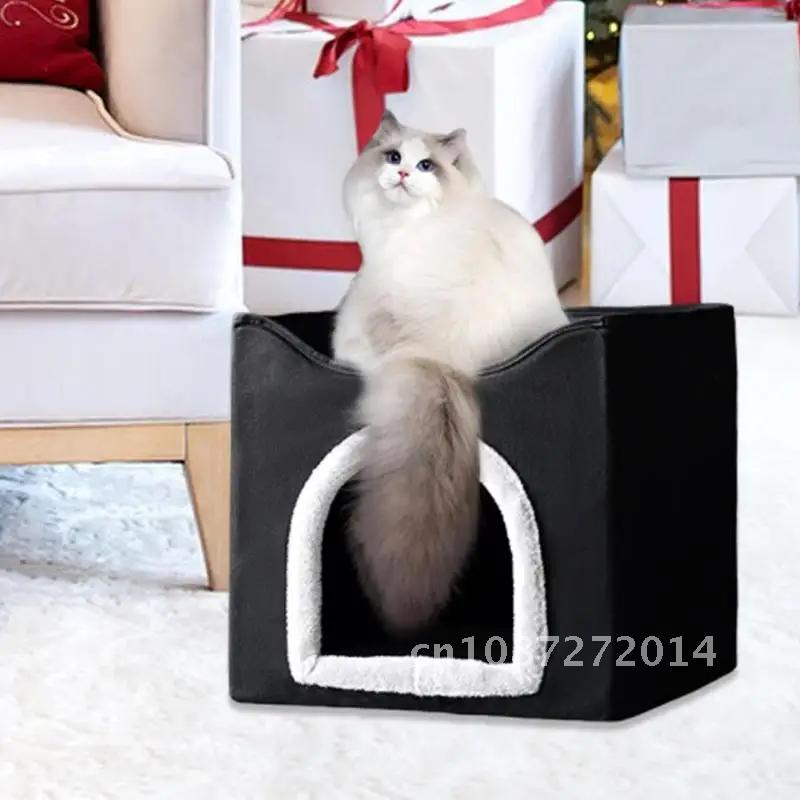 Indoor Dog House Soft Cozy Foldable Cat Cube Condo Warm Kennel Cats Layer Small Nest Cat Medium Sleeping House For Double