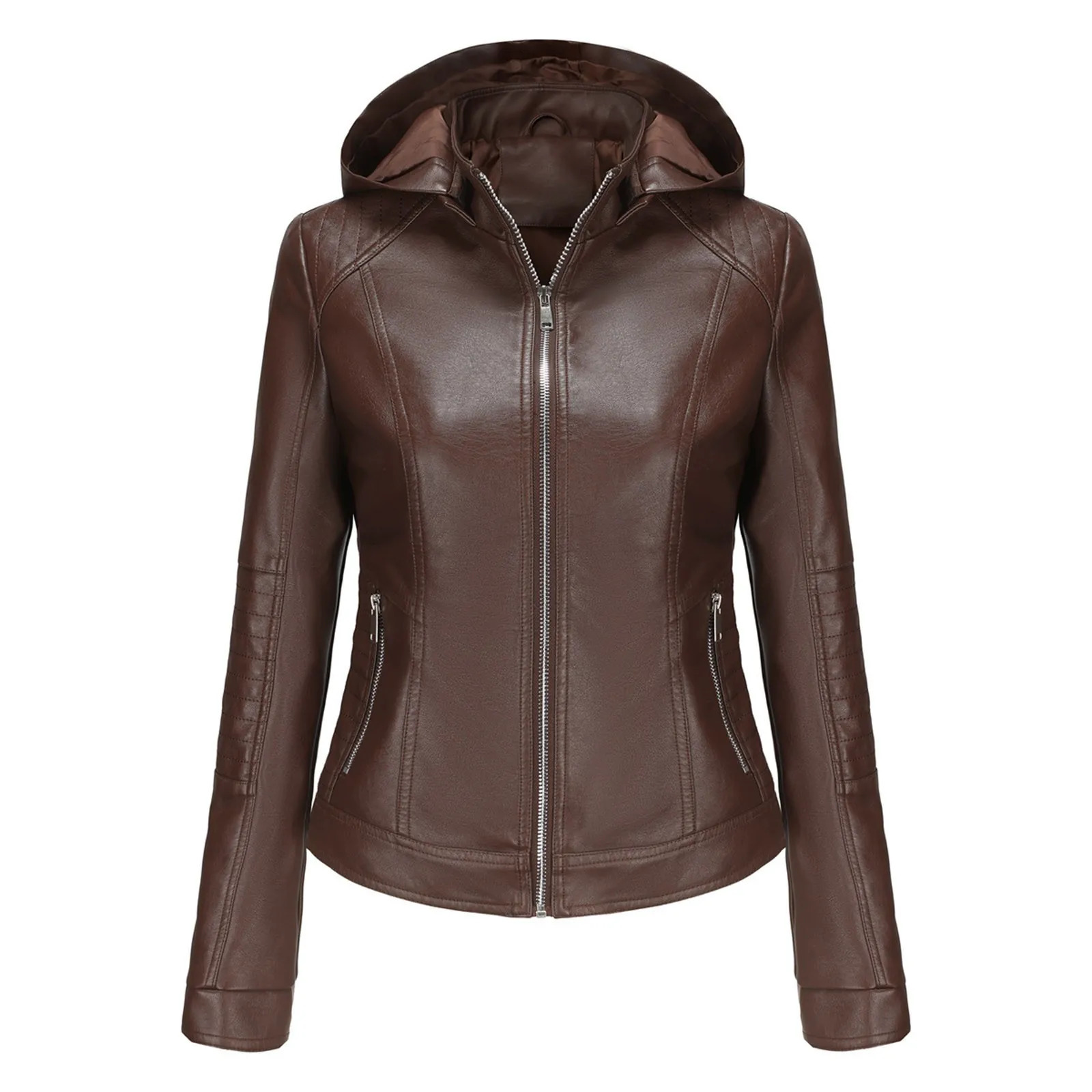 Womens Spring And Autumn Hooded Leather Coat Detachable Hat Windproof Short Casual Jacket Ladies Western Jackets 250226