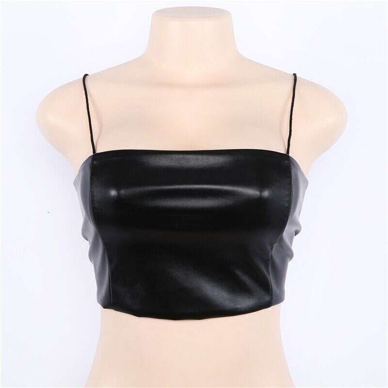 Leather Casual PU Soild Camisole Femme Slash Neck Ladies Streetwear Crop Top Chic Ring Straps Bodycon Black Skinny Camis Summer