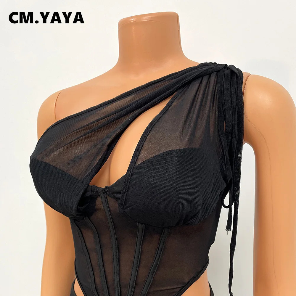 CM.YAYA Mesh See Though Womens Set One Shoulder Sleeveless Crop Top and Stacked Pants Suit Two 2Piece Set Outfit Tracksuit 250304