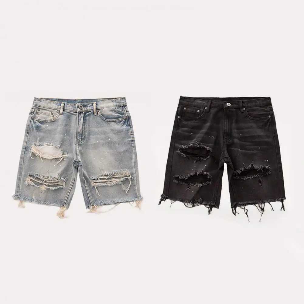 Men Summer Distressed Denim Shorts Button Zipper Fly Multi Pockets Short Jeans Straight Fit Ripped Holes Knee Length DistressedT250305