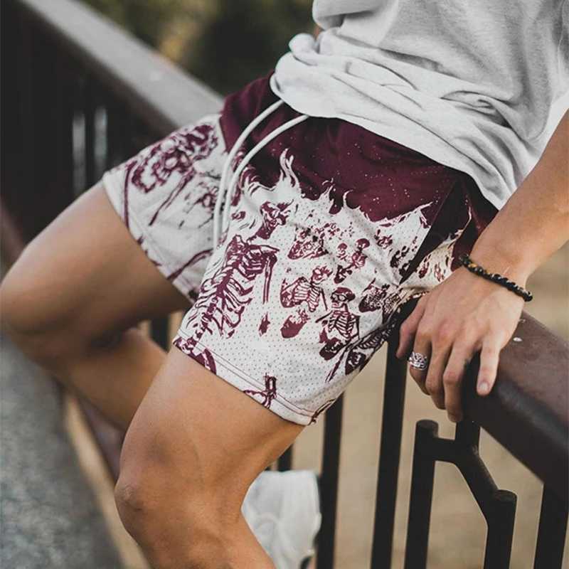 Streetwear Fashion Skull Printed Shorts Mens Summer Sports Fitness Running Breathable Shorts Casual Mens Loose ShortsXJ250304