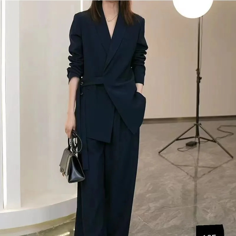 Womens Spring Autumn Casual Suit Jacket Matching Set Korean Elegant Loose Blazers Wide Leg Pants Two Piece Female Clothing 250225