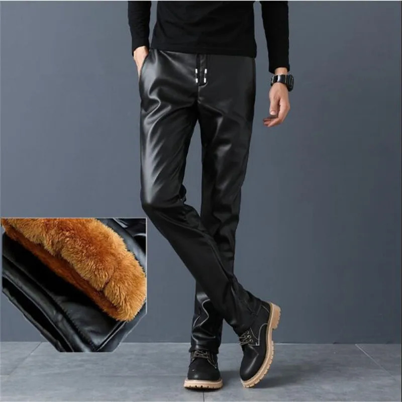 Leather pants mens long legs black solid synthetic leather jeans casual tight Korean fashion slim fit motorcycle 250304