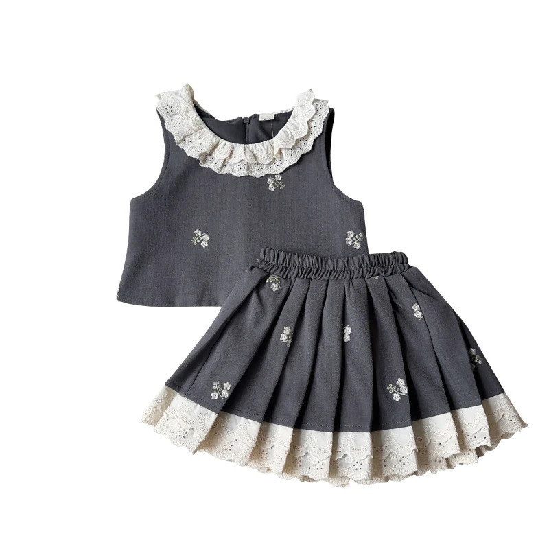 Girls College Style Suit Spring and Autumn Childrens Embroidered Waistcoat Pleated Skirt Two-piece Set Girl Clothes 250304