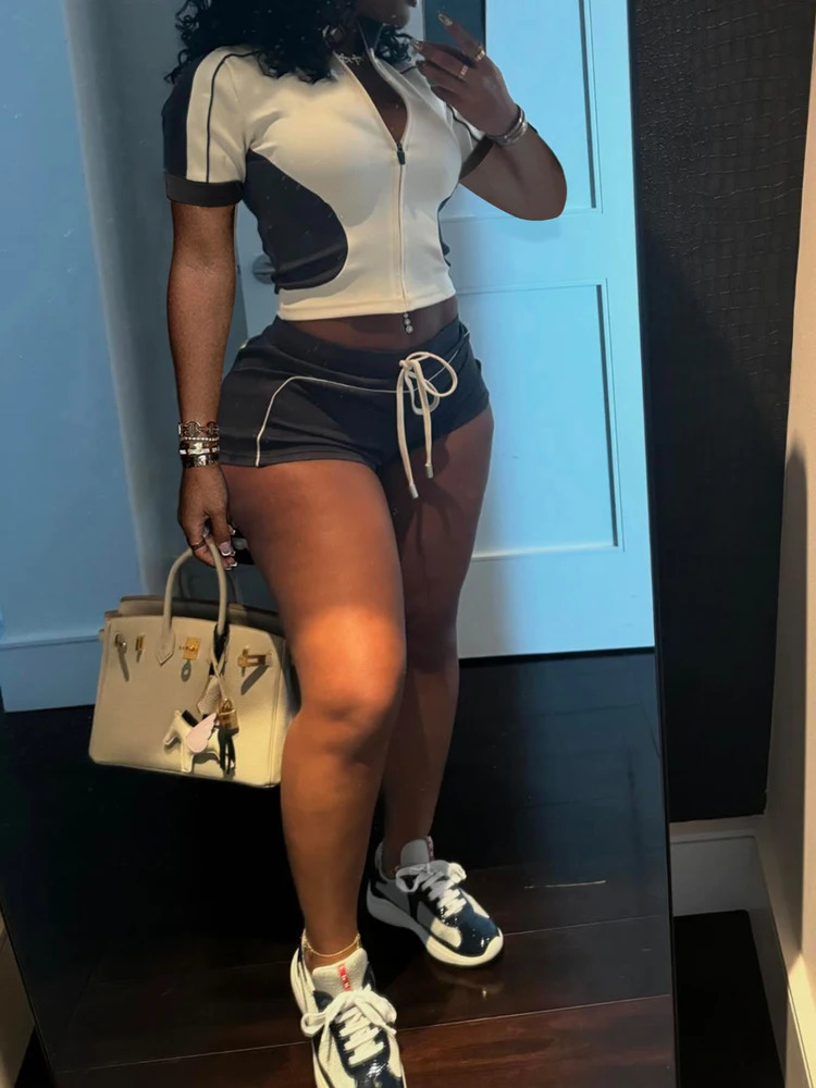 Women Sets Outfit Summer Streetwear Panelled Two Tone Slim Sports Short Sleeve Shorts Suits Zip Crop Tops Casual 2 Two Piece Set 250304