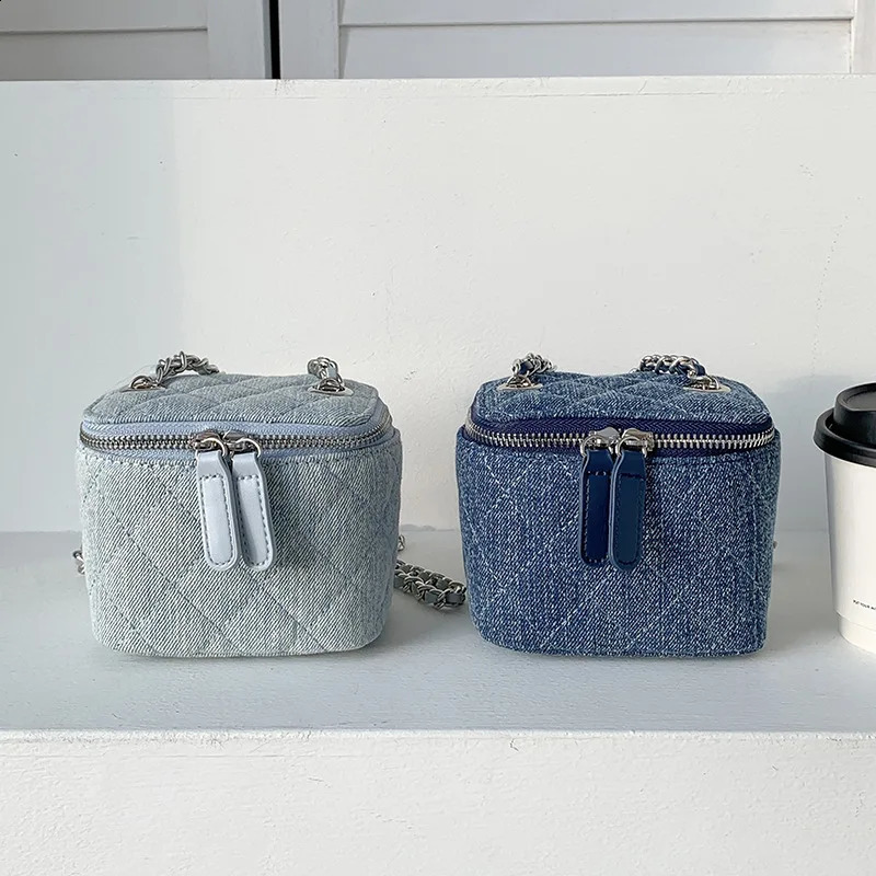 Versatile Mini Chain Ladies Crossbody Bags Casual Denim Bucket Shoulder Bags For Women Vintage Female Rhombic Sewing Box Bags 250304