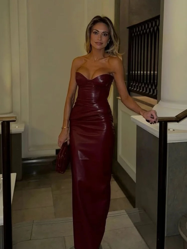 Sexy Womens Red Pleated Bodycon Pu Leather Dress Fashion Sleeveless Back Lace Up Slim Dresses 2025 Spring Lady Party Gowns 250304