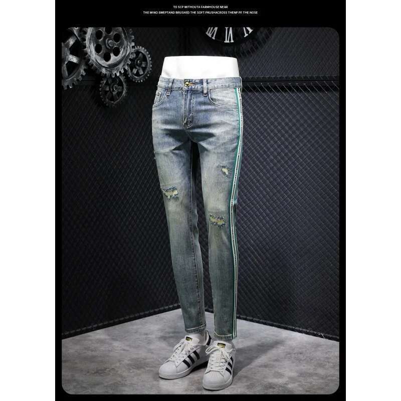 High-End Light Blue Striped Jeans Men's 2024 Spring Street Versatile Slim Fit Skinny Ripped Trousers