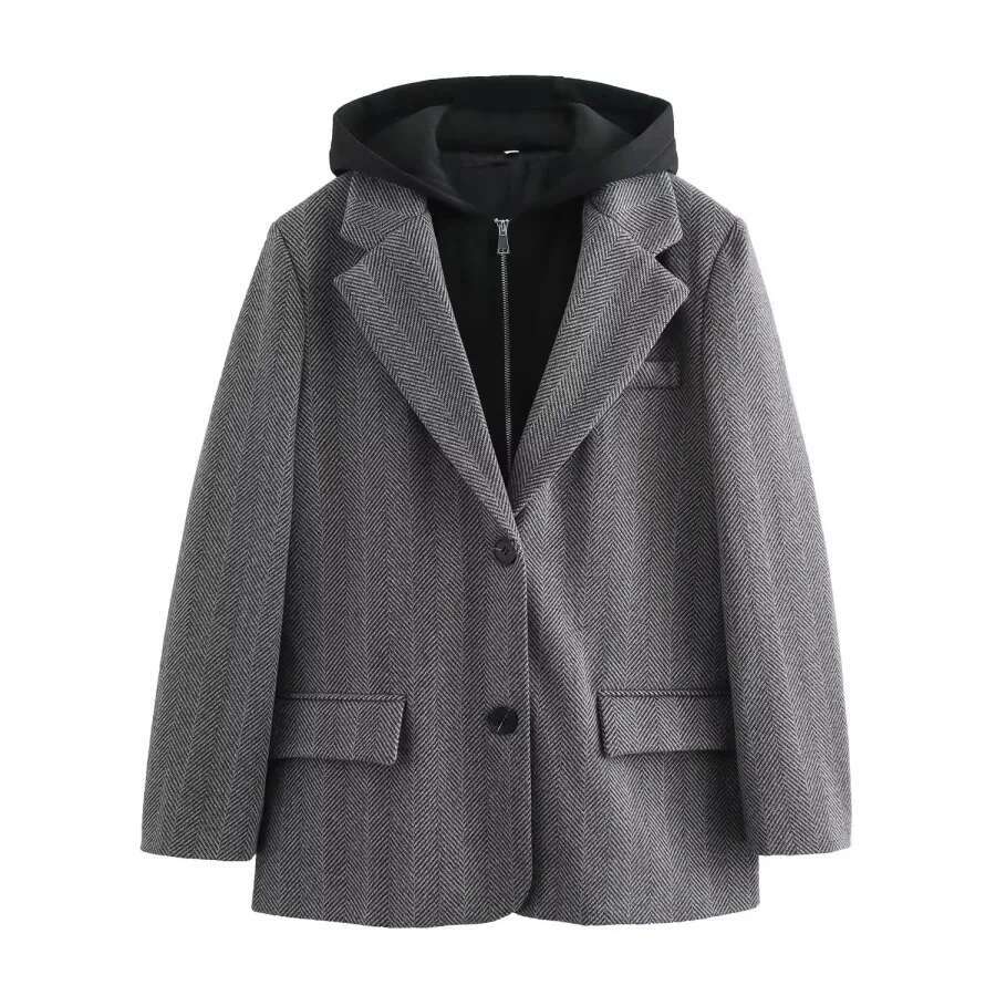 Fall/Winter New Arrivals Women's Hooded Patchwork Herringbone Long Sleeve Shoulder Padded Suit Coat
