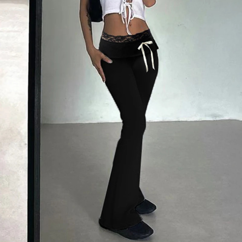 HEYounGIRL Lace Patchwork Bow Detail Low Waisted Flare Pants Fashion Y2K Slim Fit Boot Cut Trousers Black Aesthetic Streetwear 250304