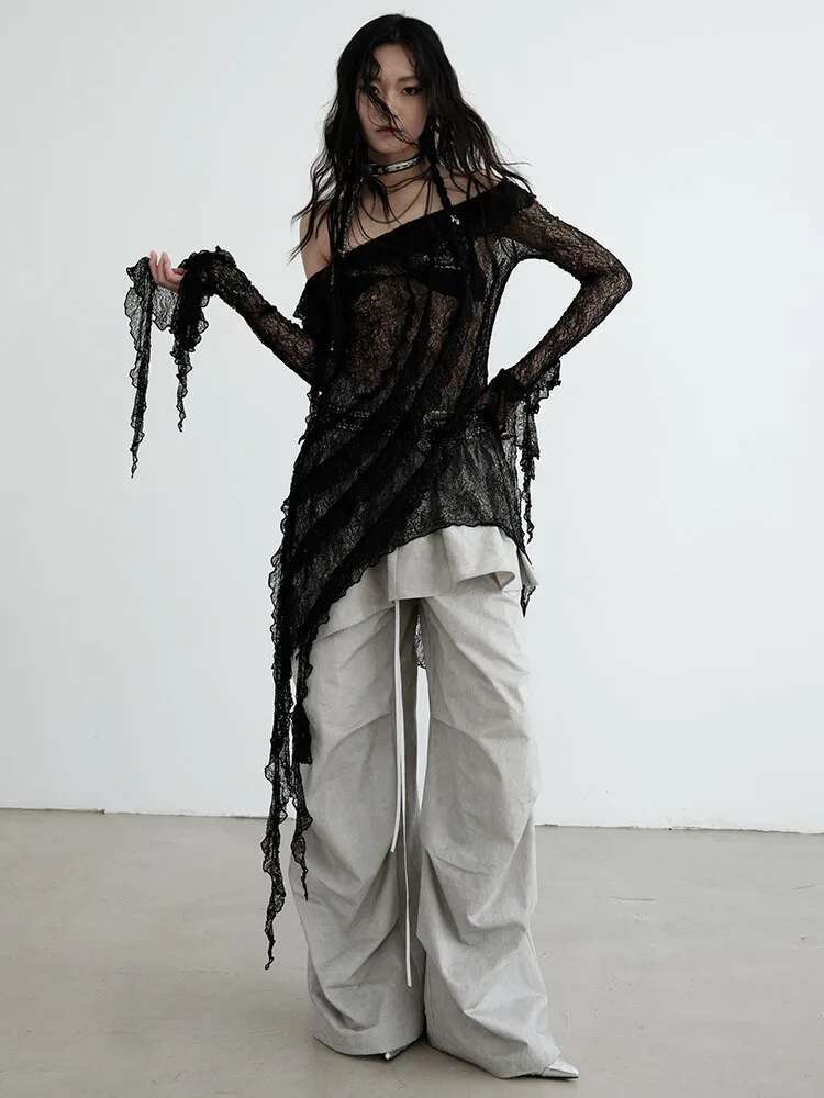 High Waist Gray Drawstring Ruffles Pleated Long Wide Leg Pants New Trousers Women Fashion Tide Spring Autumn