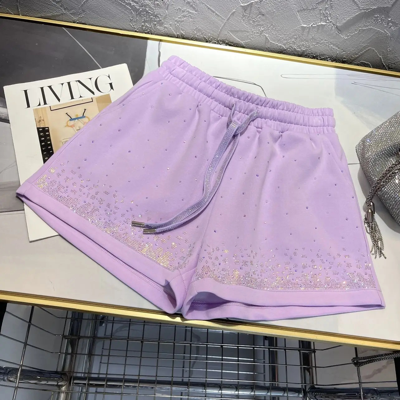 2024 Summer Pink Short European Products Diamond High Waist Small Loose Wide Legs A Casual Bathroom Pants 250304