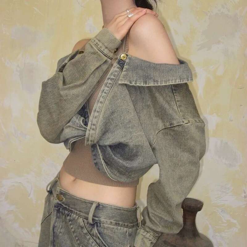 hoodie European Fake Two-Piece Spliced Off Shoulder Denim Shirt Women's Autumn New Vintage Punk Waste Land Fashion Sweet Top jacket