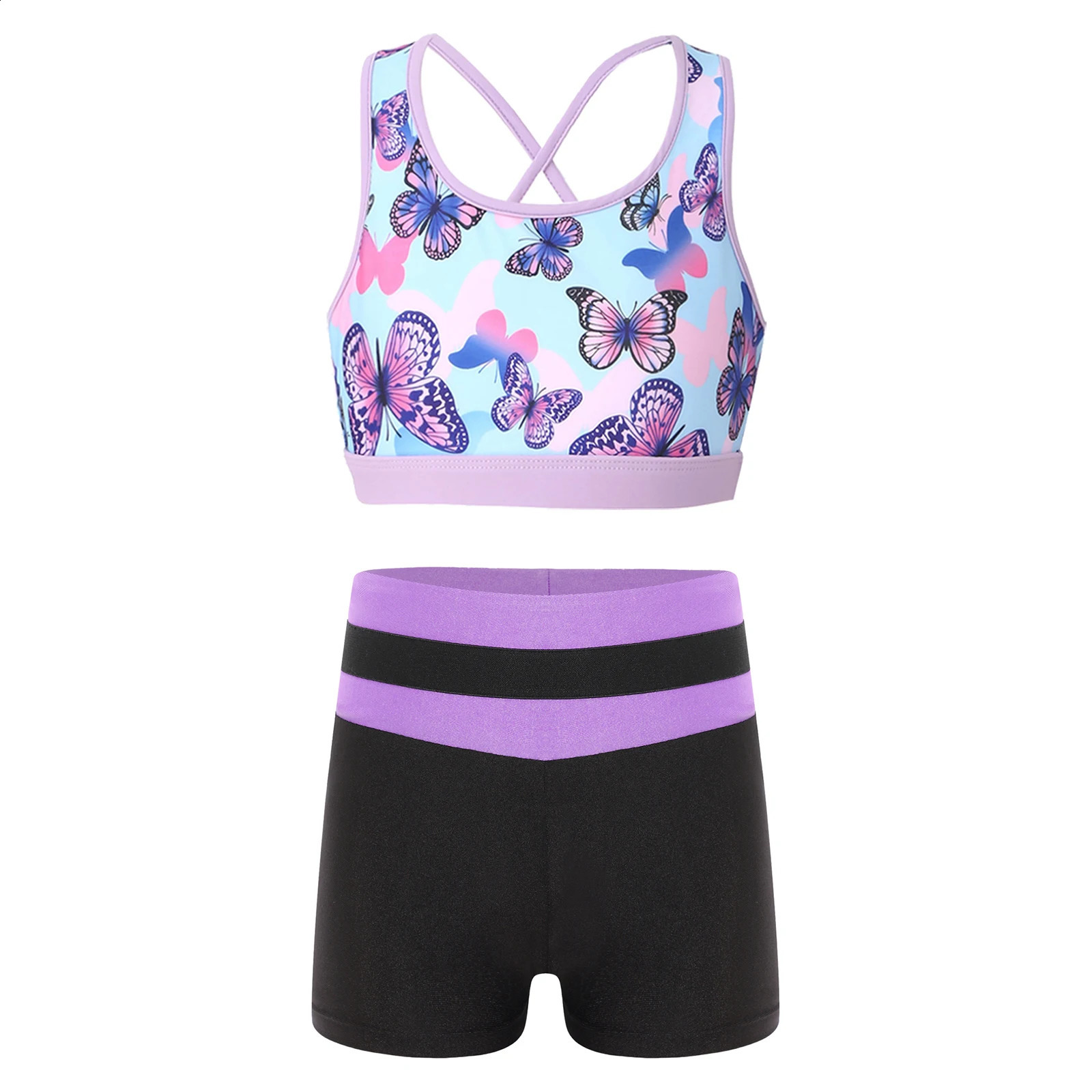 Kids Girls 2 Pieces Swimsuit Bikini Tankini Set Crop Tank Tops and Booty Shorts Dance Outfits Gymnastics Ballet Dance Costumes 250304