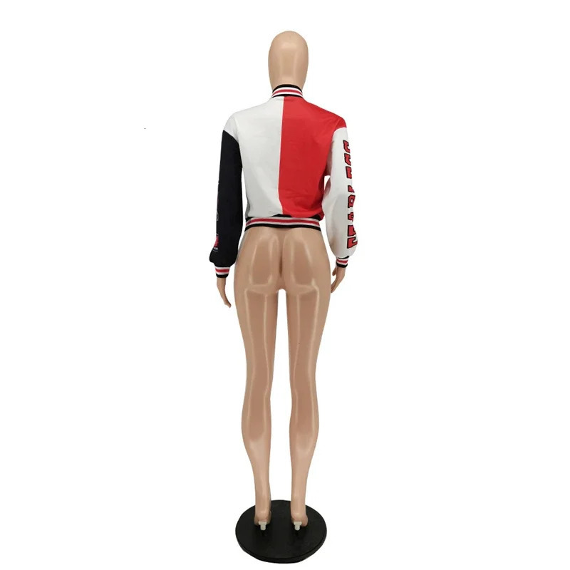 Fashion Print Bomber Jackets for Women Color Patchwork Stand Collar Buttons Long Sleeve Short Baseball Varsity Coats Streetwear 250304