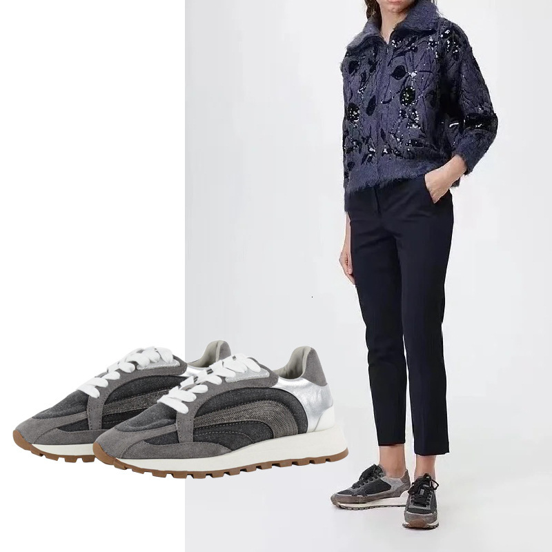 2025 new leather round toe cow suede breathable thick sole lace up color blocked dad BC casual sports shoes for women