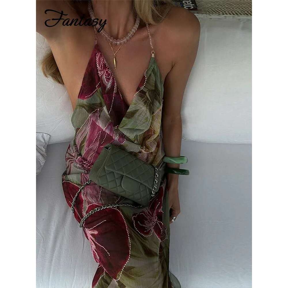 ral Sexy Print Halter Dress Women Vintage Backless Sleeveless Split Long Dresses Female 2025 Summer Vacation Beach Robes Lady