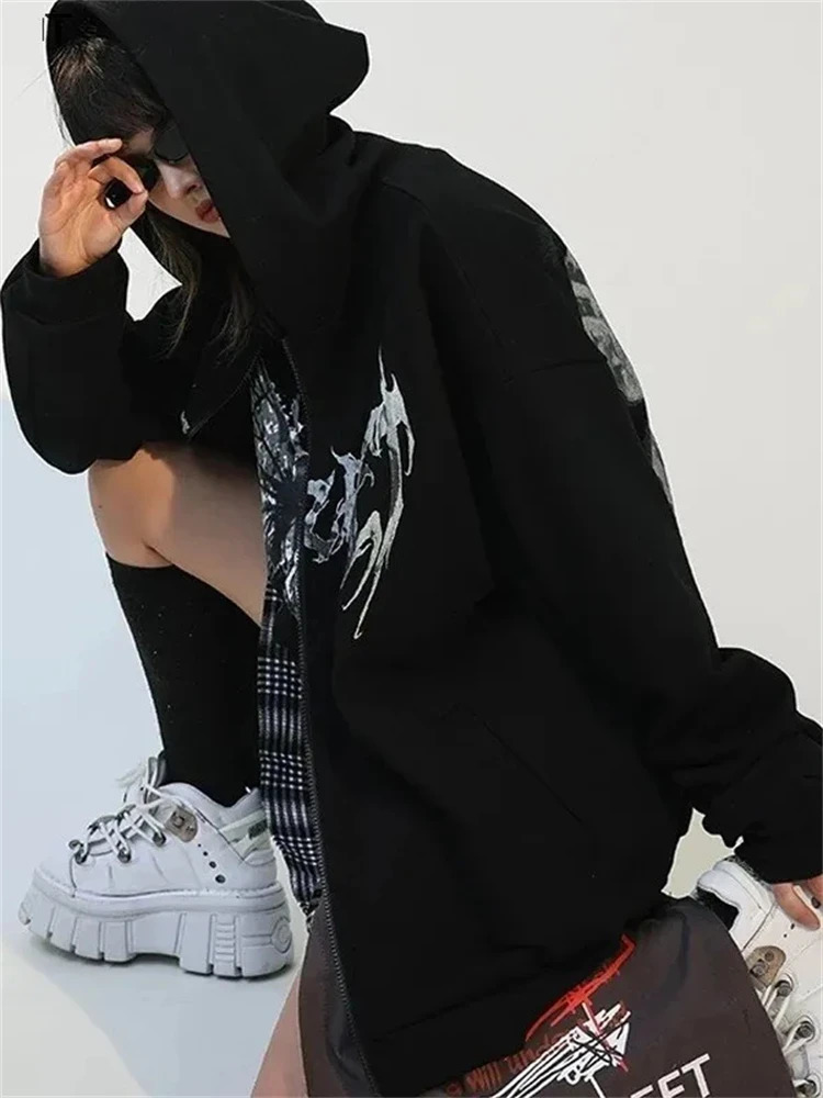 2000s Aesthetic Grunge Sweatshirt Chic Long Sleeve Zipper Tops Clothes Harajuku Vintage Coat Y2k Casual Hoodies Women Streetwear 250304