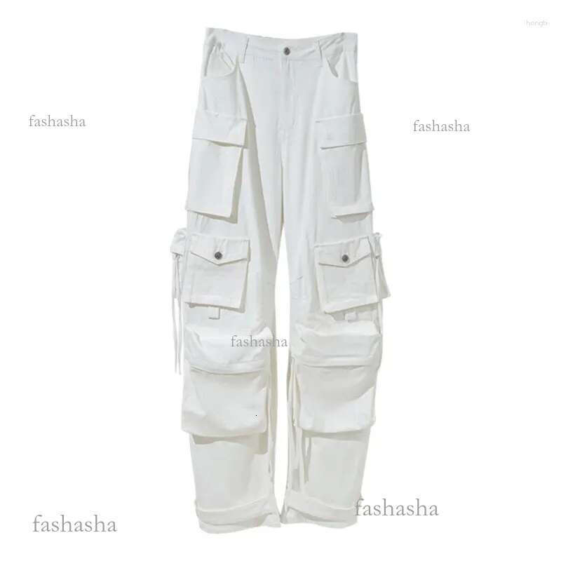 Womens Jeans Women Mid-Rise Cargo Denim Pants Distressed Washed Broken Holes Splicing Pocket Wide-Leg Female Casual Office Lady C