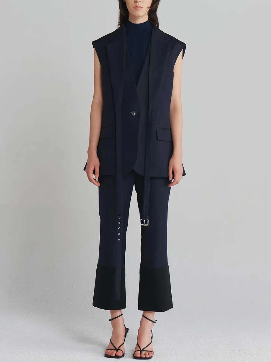TWOTWINSTYLE Solid Spliced Belts Slimming Chic Waistcoats For Women Lapel Sleeveless Tunic Temperament Top Female Fashion New