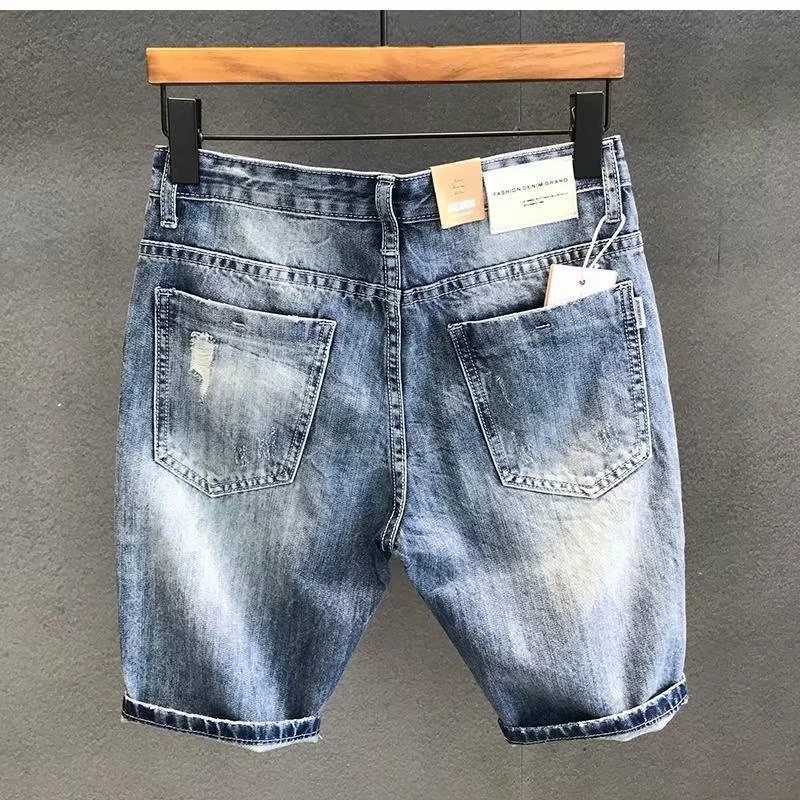 Summer Mens Korean Fashion Hole Baggy Denim Shorts Handsome Young Blue Cargo Jeans Shorts For MenT250305