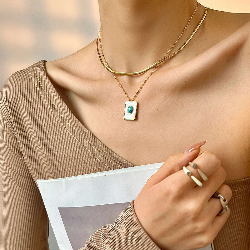 Trendy square fashion natural stone shell gold necklace women's versatile high-end titanium steel jewelry