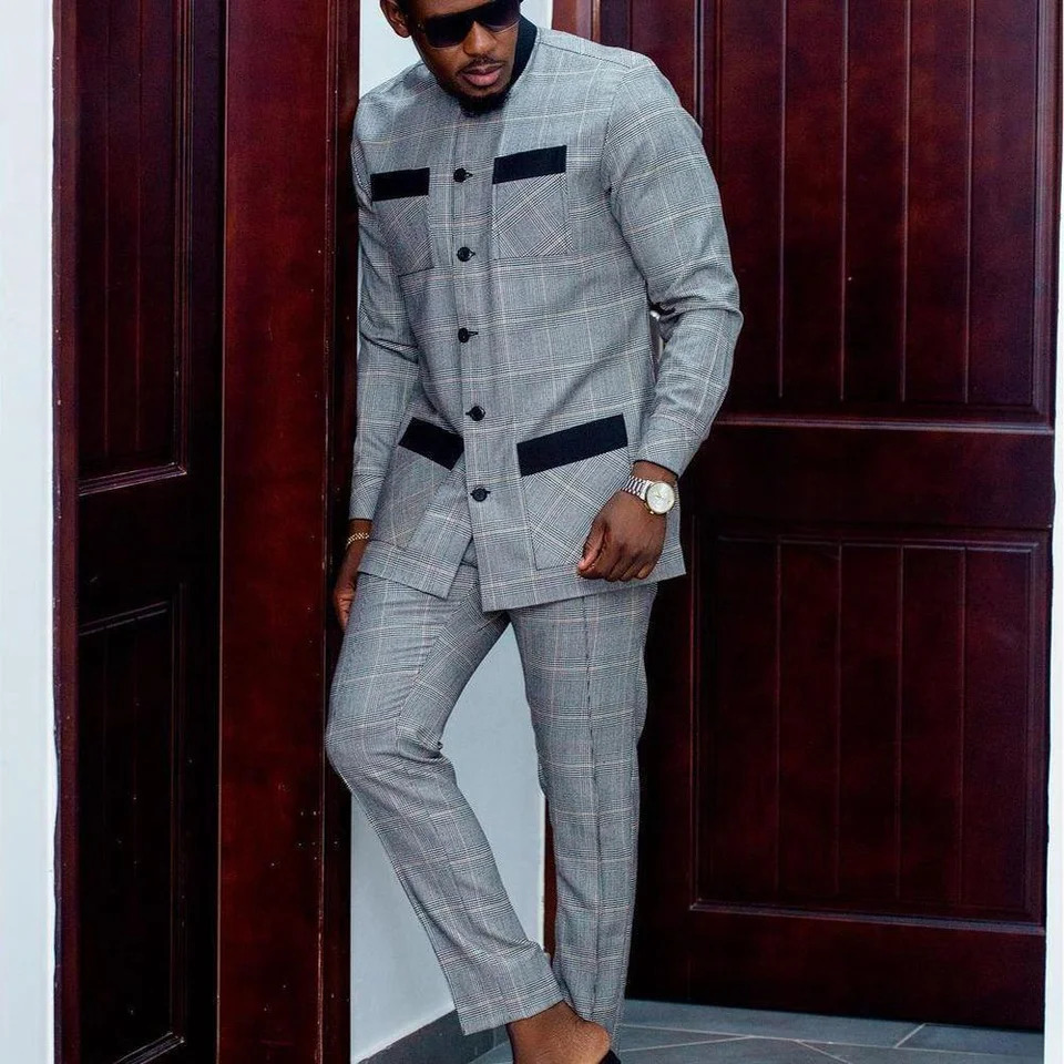 Elegant African Style Mens Suit Plaid Stripe Single Breasted Suit and Pants 2 Piece Casual Business Suit for Men 250303