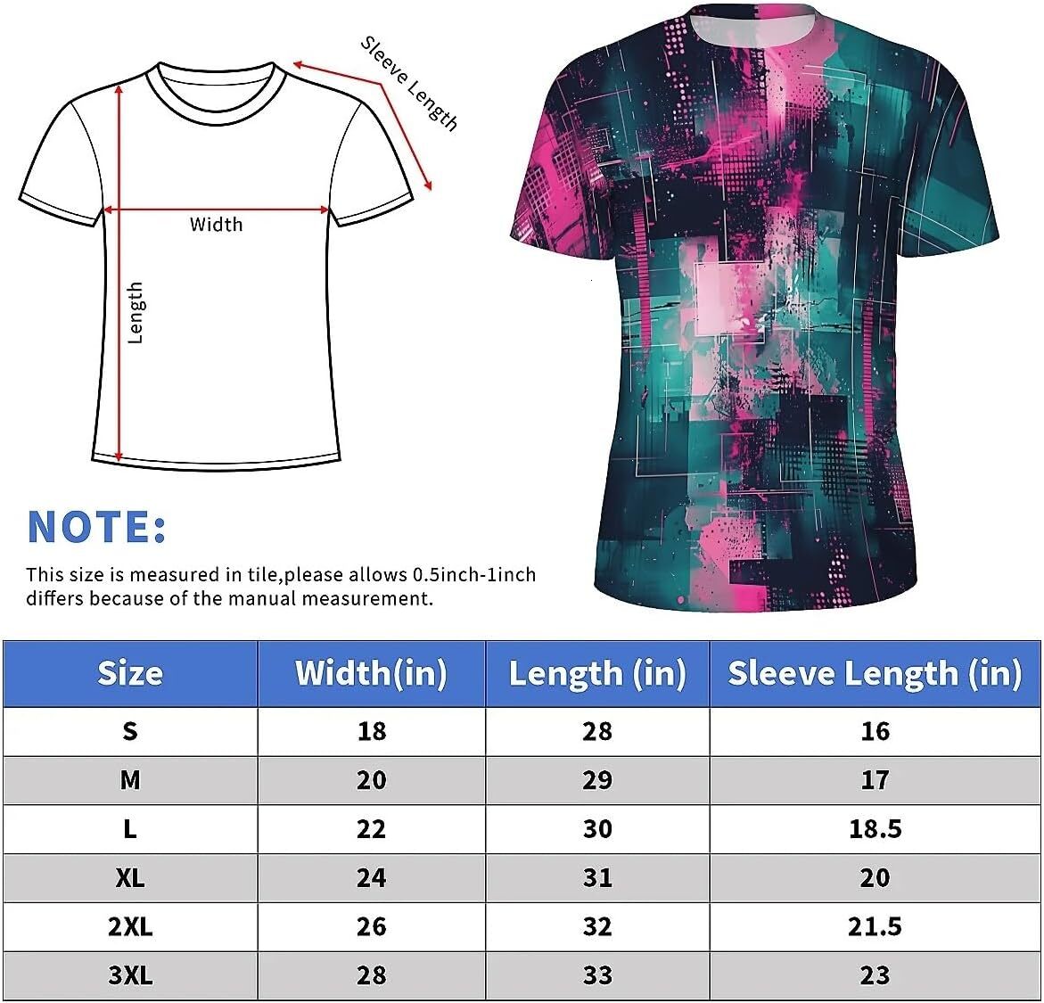 Mens T shirt Men's Novelty T-Shirts Graphic 3D Print Short Sleeve Summer T-Shirt Neon Pink and Teal Art tee Casual tops summer clothes