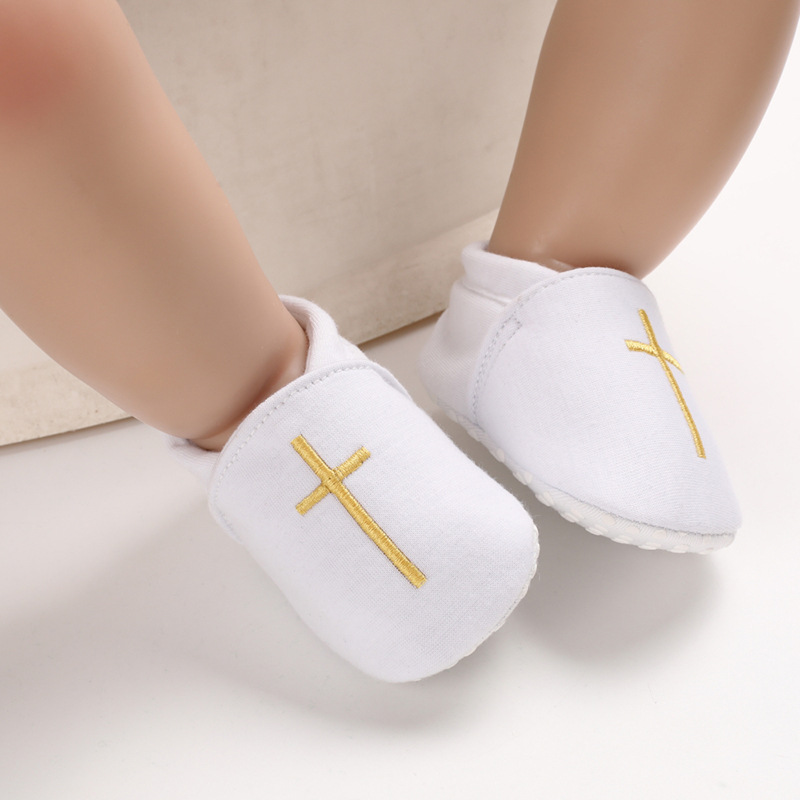 Newborn Baby White Baptism Shoes Soft Anti-slip Toddler Boy Girl Christening Golden Church Cross Soled Infant First Walker Shoes Suitable For 0-18M 00