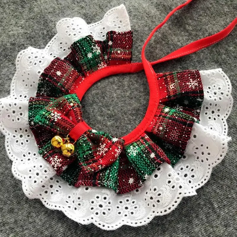 Christmas Pet Bow Bib Collar Scarf Plaid Bow Lace Saliva Towel with Bell Pendant for Dog Cat Collar Necklace Christmas Gift