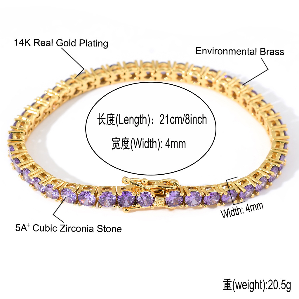 Hip Hop Purple Tennis Chain Bracelet 4mm 5A Zircon Women Men Love Couple Jewelry