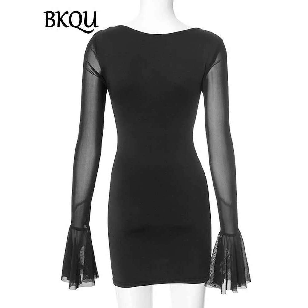 Sexy BKQU V-neck Ruched Mini Bodycon Women's Summer Mesh Patchwork Long Flare Sleeve Elegant Night Club Short Dress 2025