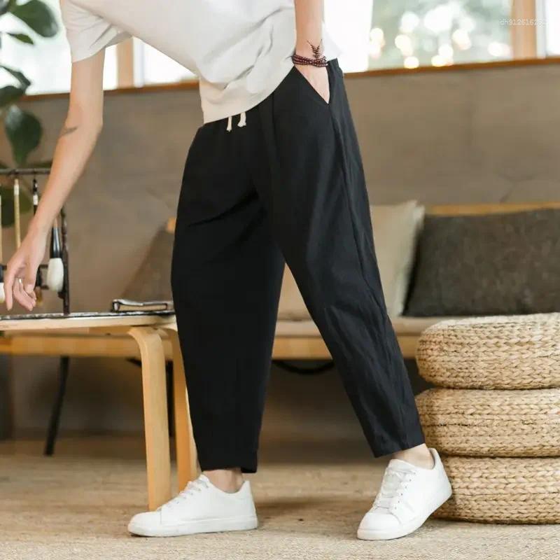 Men's Pants Casual Linen Summer Thin Style Chinese Flavor Cotton Trousers Loose Fit Plus Size Straight-Leg Cropped