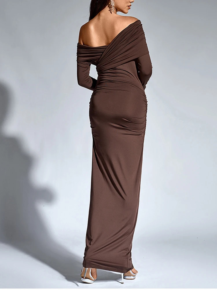 Asia Womens Long Sleeve Asymmetric Neck Dress One Shoulder Ruched Bodycon Fashion Club Party Maxi Dresses Brown Autumn 250304