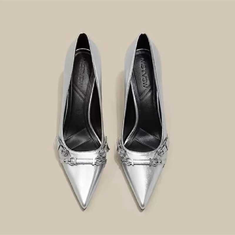 Luxury Brand Designer Wen Sandals Fi Pointed Toe Buckle Strap Metal High Heeled Kitten Heel Elegant Single Shoes Fem Y250304