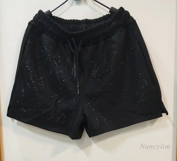 Shorts for Women Spring Summer Elastic Waist Diamond Wide Leg Loose Shiny Female Cloth 2023 250304