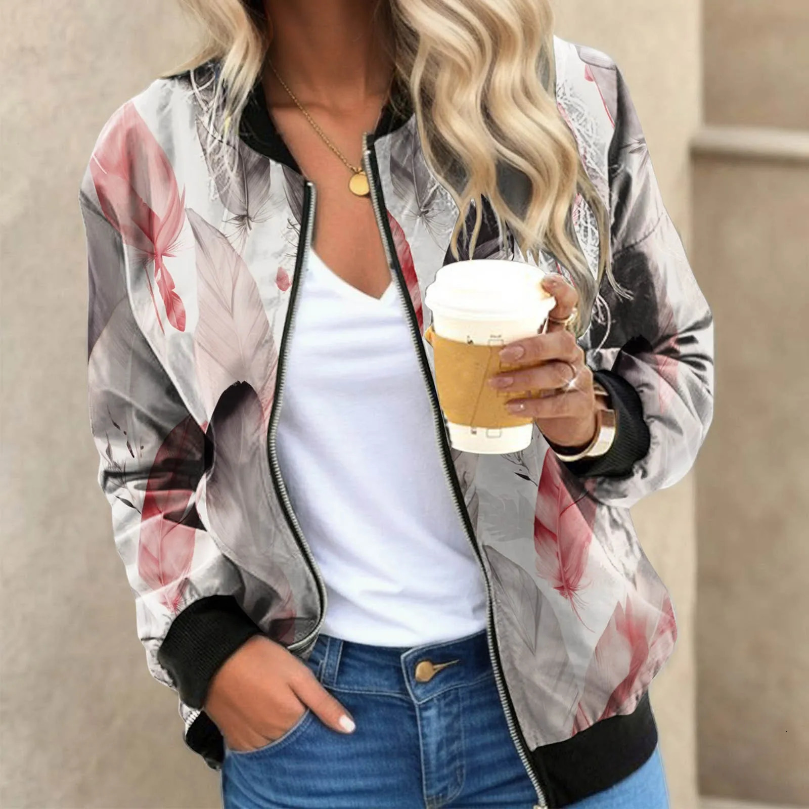 3D Floral Printed Womens Jackets Coat Outwear Autumn Long Sleeve Slim Bomber Jacket Tops Casual Woman Zipper Short Jackets 250304