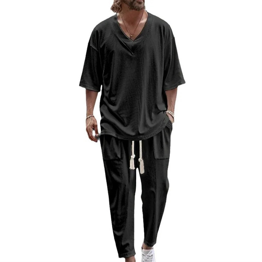 Mens twopiece casual solid loose summer half sleeved Vneck Tshirt and pants mens sportswear 250224