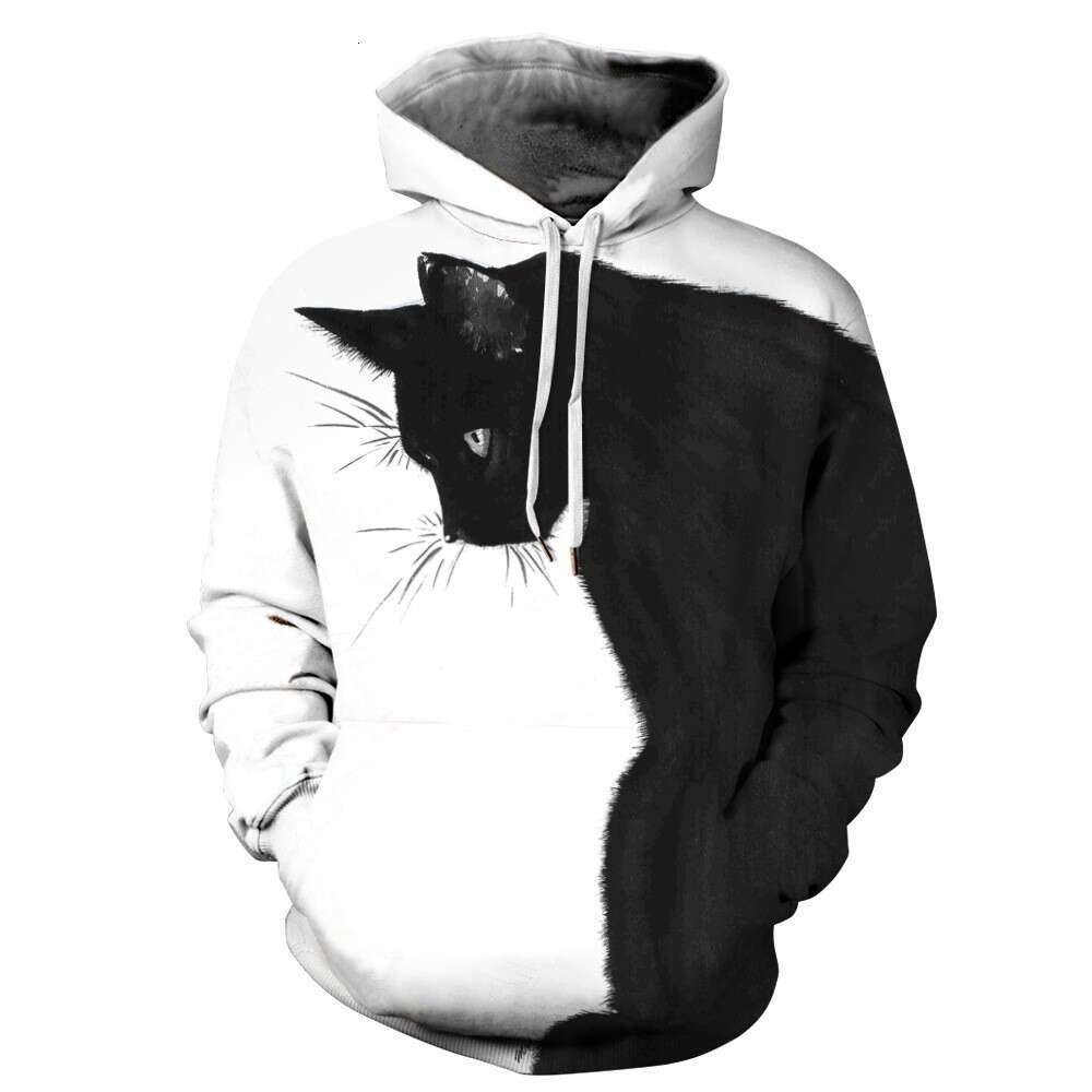 New printed black cat animal skeleton top, long sleeved couple outfit, loose hooded sweatshirt, unisex style