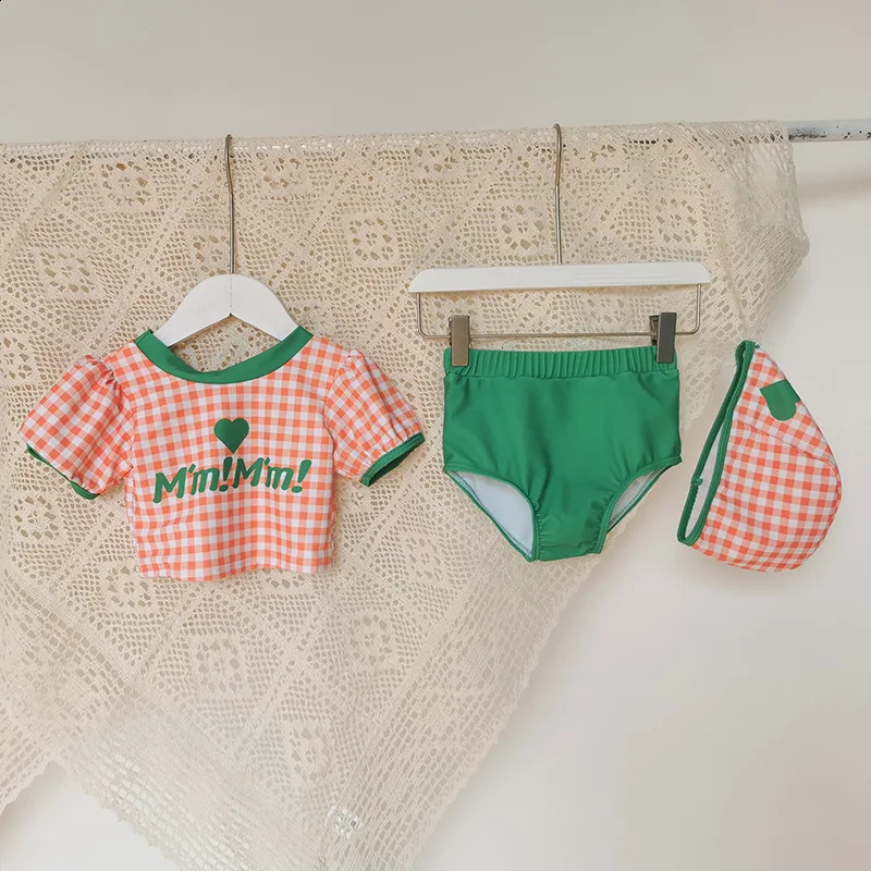 Childrens Swimwear for Girls Plaids Checkered Bathing Suit for Girl Short Sleeve Toddler Baby Tankini Bikini Set Beach Clothes 250304