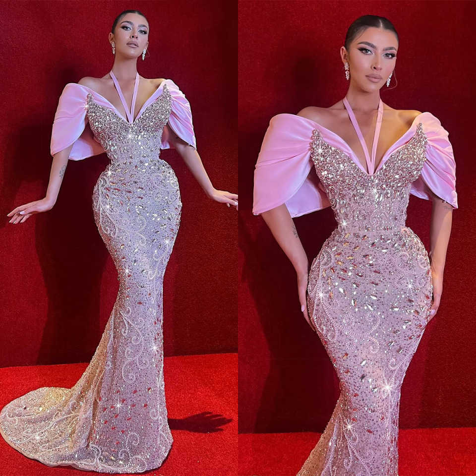Designer Mermaid Evening Dresses For Women Off Shoulder Sleeveless Gown Crystal Sequins Sweep Train Party Customized Dress
