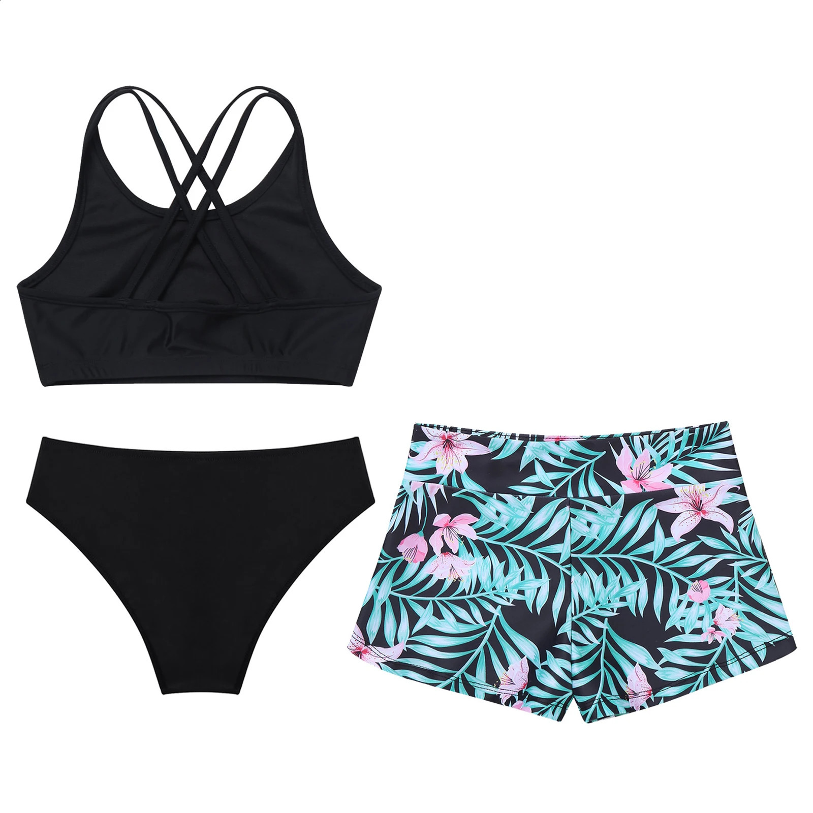 Kids Girls 3 Pieces Swimming Bathing Suits Beach Wear Bikini Tankini Swimsuit Crop Tank TopBriefsPrinted Shorts Swimwear Set 250304