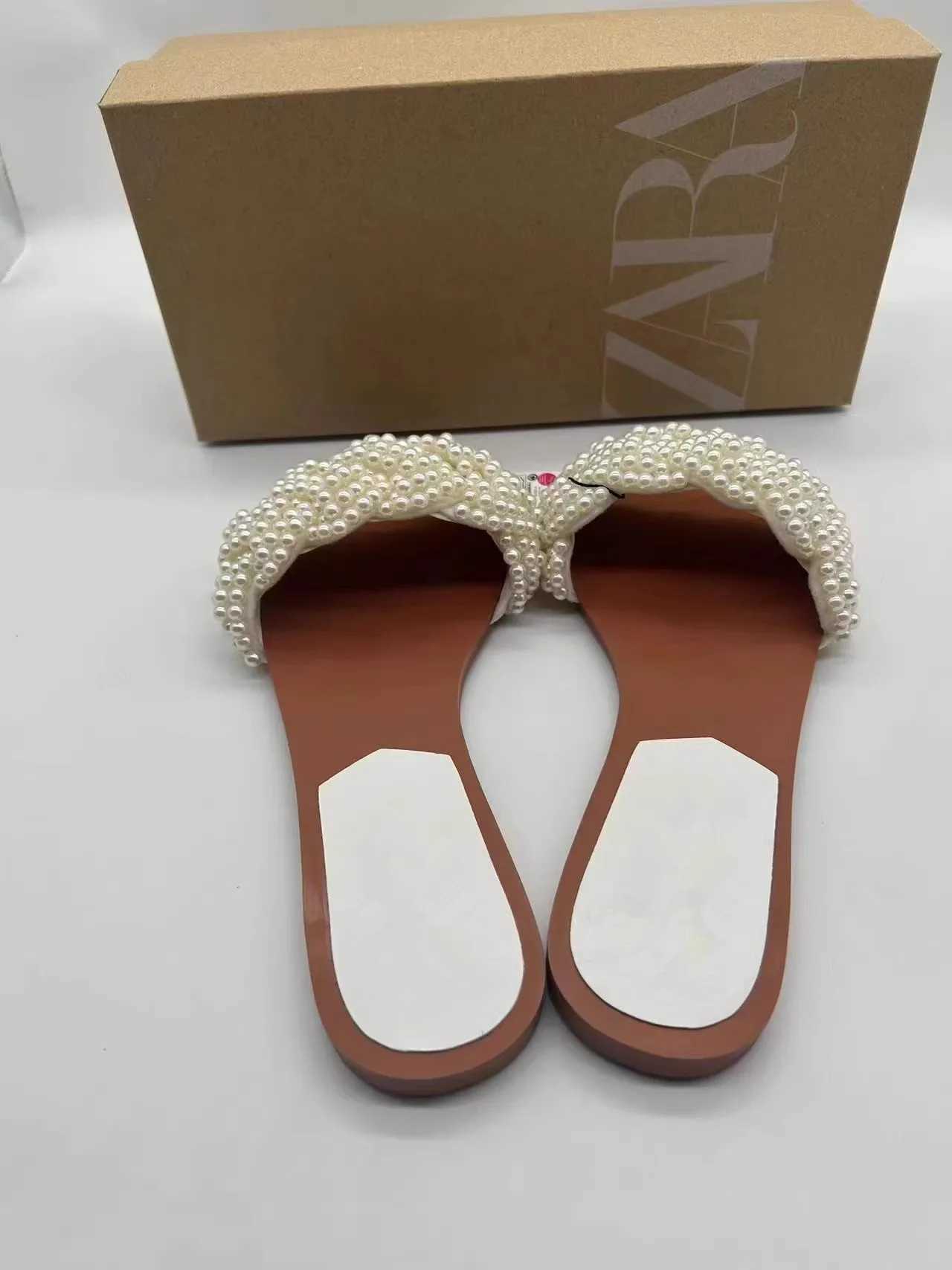 Summer new wens shoes artificial pearl inlaid half slippers open toe to wear flat casual beach shoes Y250304