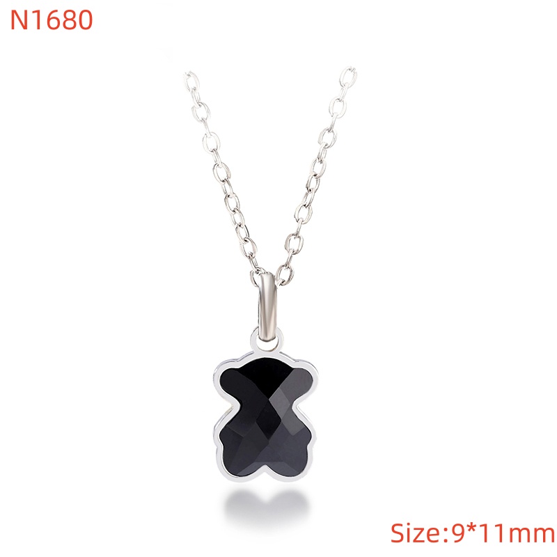 New Fashion Women Silver Gold Stainless Steel Bear Letter Black Glass Zircon Animal Pendant Necklace Sets Jewelry