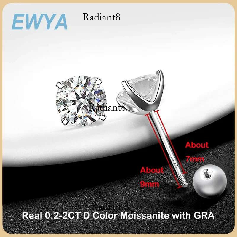 EWYA 4 Prong 0.2-2ct D Color Moissanite Screw Earrings for Women Wedding Fine Jewelry S Sier Dia Earring Ear Studs Gift