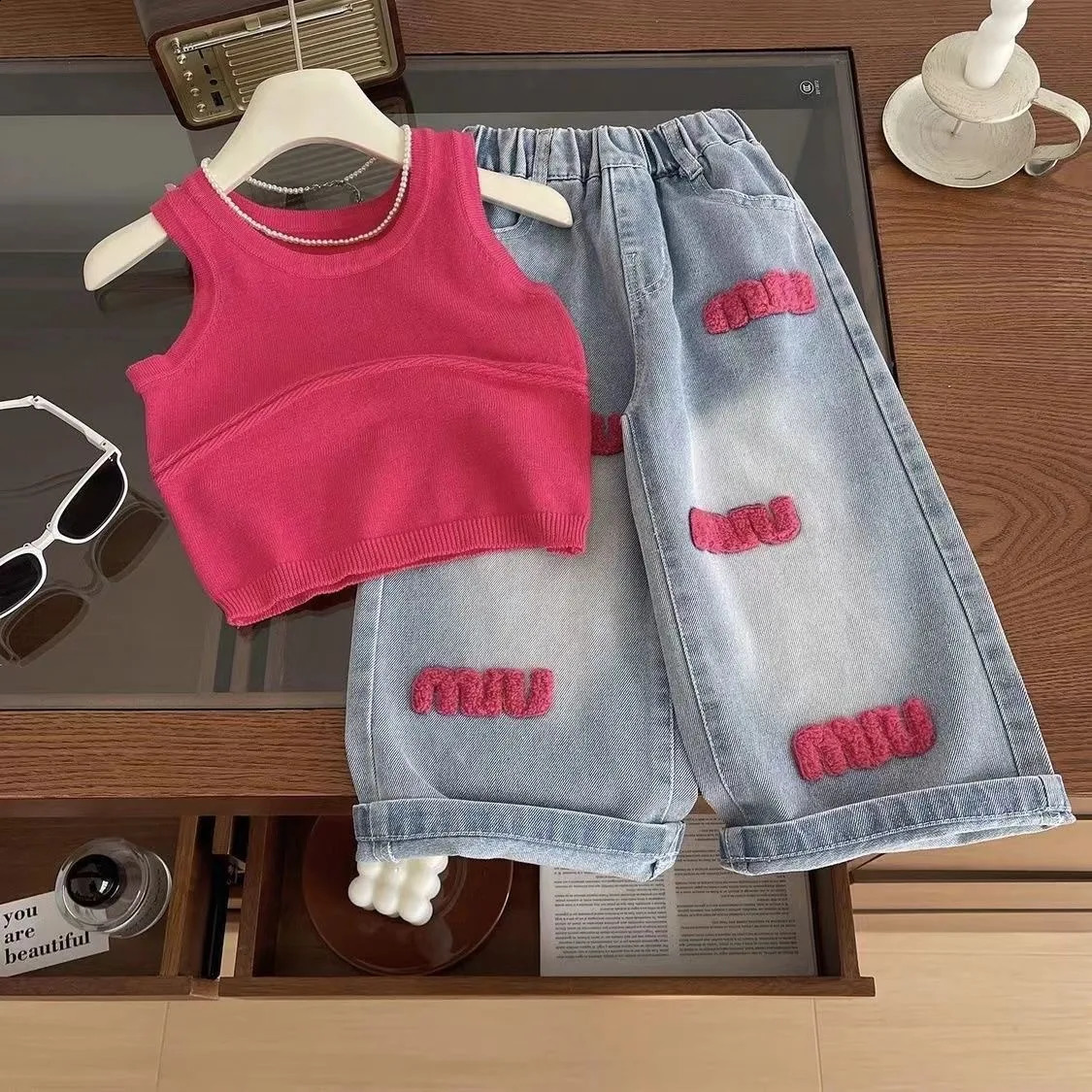 Girls Summer Set Knitted Suspender Vest Jeans Two-piece Set For Childrens Summer Girl Clothes Clothing Set Kids Clothes 250305