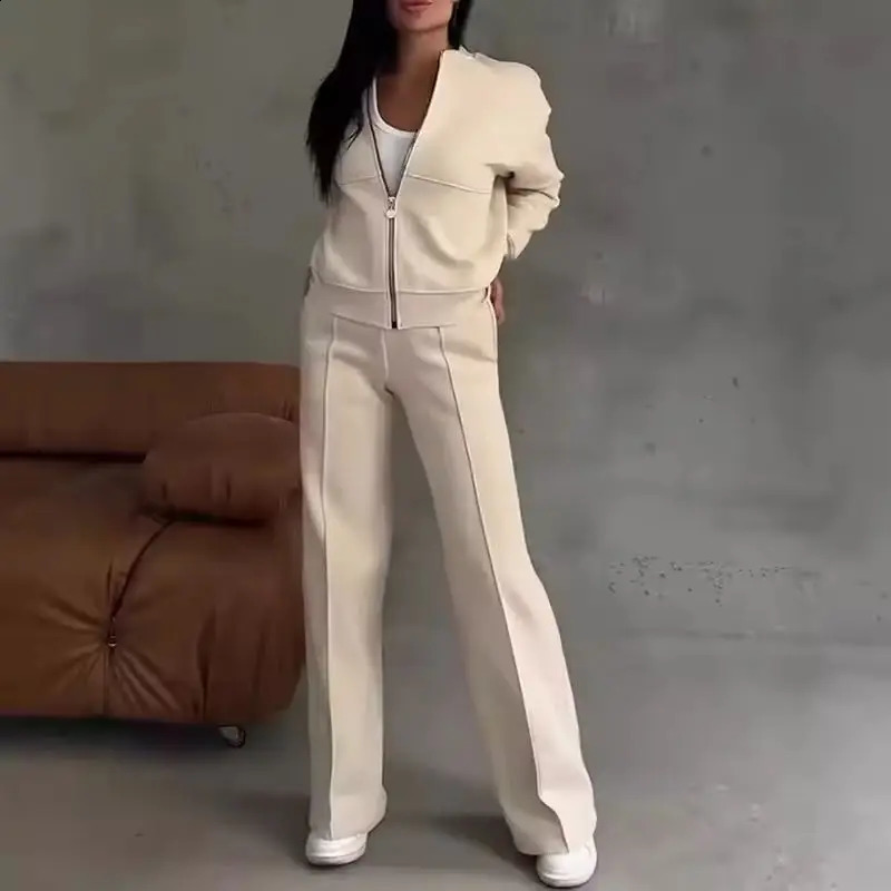 Spring Woman Loose Tracksuit Zipper Sweatshirt CoatHigh Waist Straight Pants Sports Outfits Female Autumn Casual Twopiece Set 250305